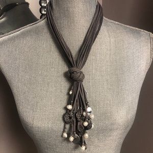 Multi Strand Suede Pearl Pewter Necklace